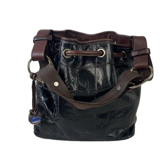 Dooney & Bourke Croc Embossed Leather Drawstring Shoulder Bag-Brown 10”W x 10”H - Picture 8 of 16